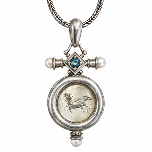 Sterling Silver Equestrian Medallion Necklace with Blue Gemstone & Pearls