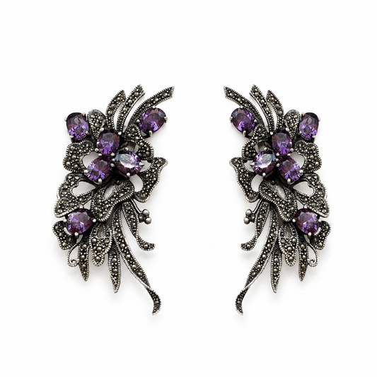 Vintage Sterling Silver Clip-On Earrings with Marcasites & Amethyst Gemstones