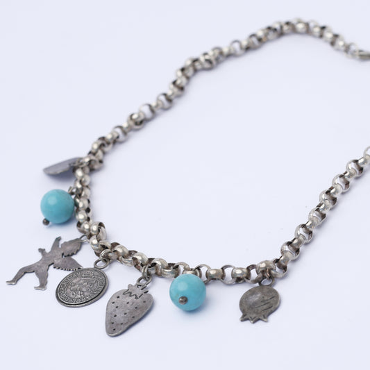 Vintage Silver Charm Necklace with Turquoise Accents