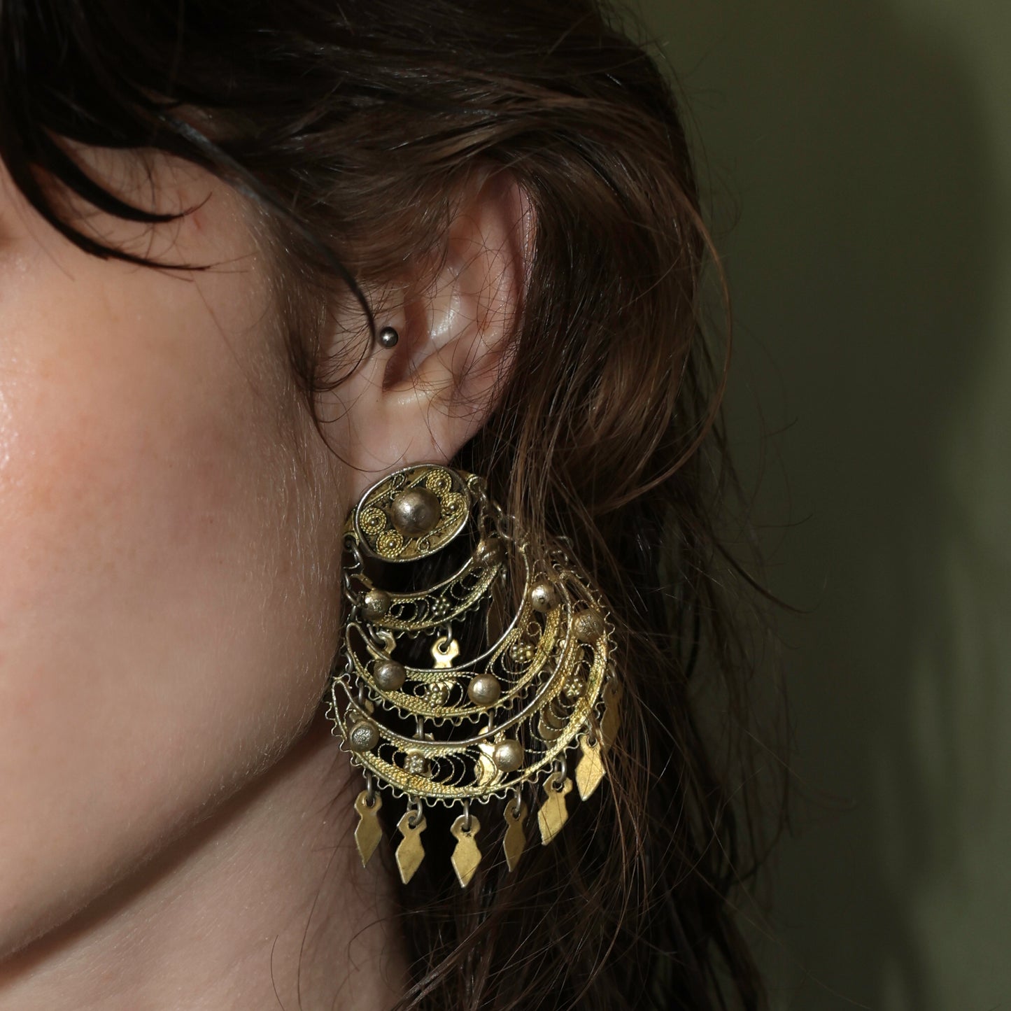 One-of-a-Kind Antique Yemeni Gold-Plated Silver Filigree Clip-On Earrings