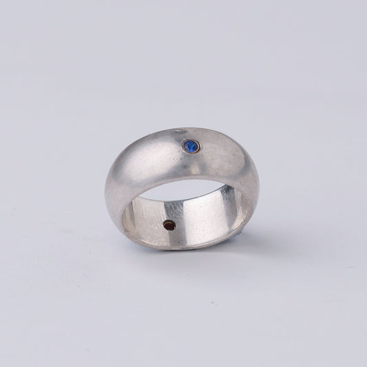Vintage Modernist Sterling Silver Ring with Blue & Red Stone Accents