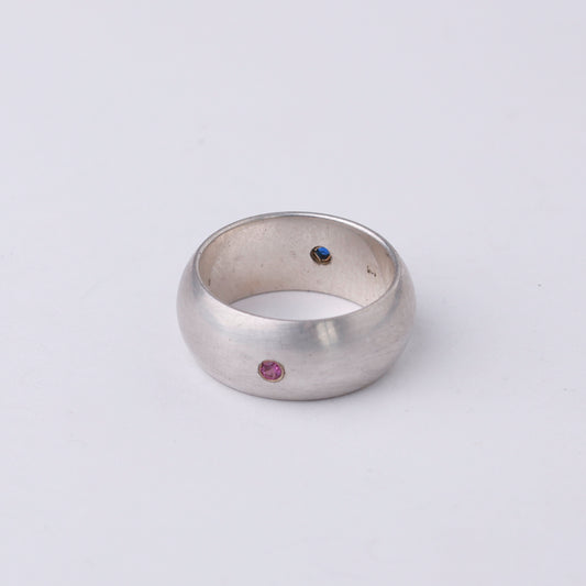 Vintage Modernist Sterling Silver Ring with Blue & Red Stone Accents