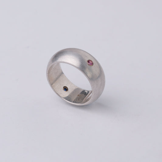Vintage Modernist Sterling Silver Ring with Blue & Red Stone Accents