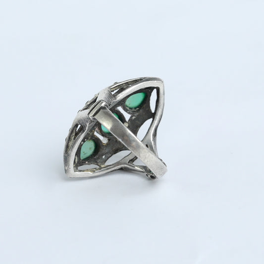 Vintage 1970s Pure Silver Ring with green Agate & Marquise Stones