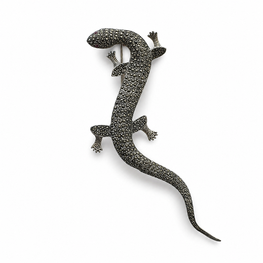 Vintage Sterling Silver Marcasite Gecko Brooch with Pink Zircon Eyes