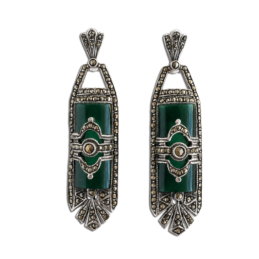 One-of-a-Kind Vintage Art Deco Green Agate & Marcasite Earrings
