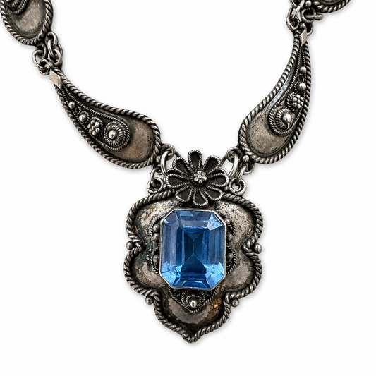 Vintage Israeli 935 Silver Blue Topaz Statement Necklace