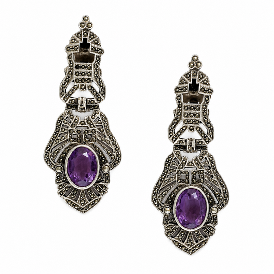 Vintage Silver Marcasite & Amethyst Art Deco Statement Earrings