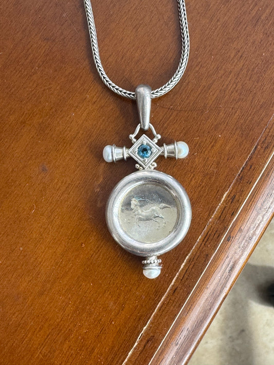 Sterling Silver Equestrian Medallion Necklace with Blue Gemstone & Pearls