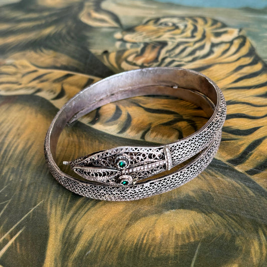 Antique snake 925 Silver Bracelet with green zircons