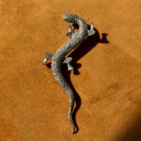 Vintage Sterling Silver Marcasite Gecko Brooch with Pink Zircon Eyes