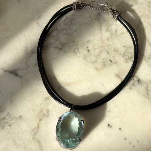 Large Blue Topaz Quartz Pendant on Leather Necklace – Sterling Silver Clasp