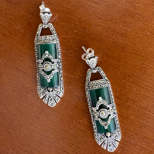 One-of-a-Kind Vintage Art Deco Green Agate & Marcasite Earrings