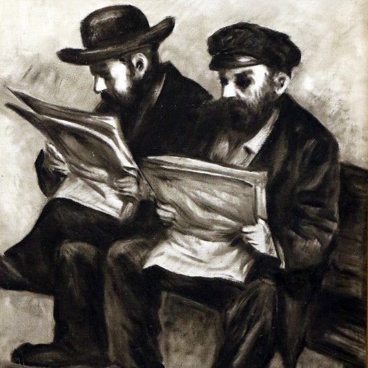 Charcoal drawing of two Jews curiously reading a newspaper