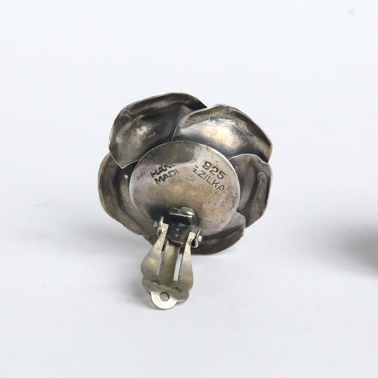 Silver Rose Earrings with Pearl by Israeli Designer S. Zilka