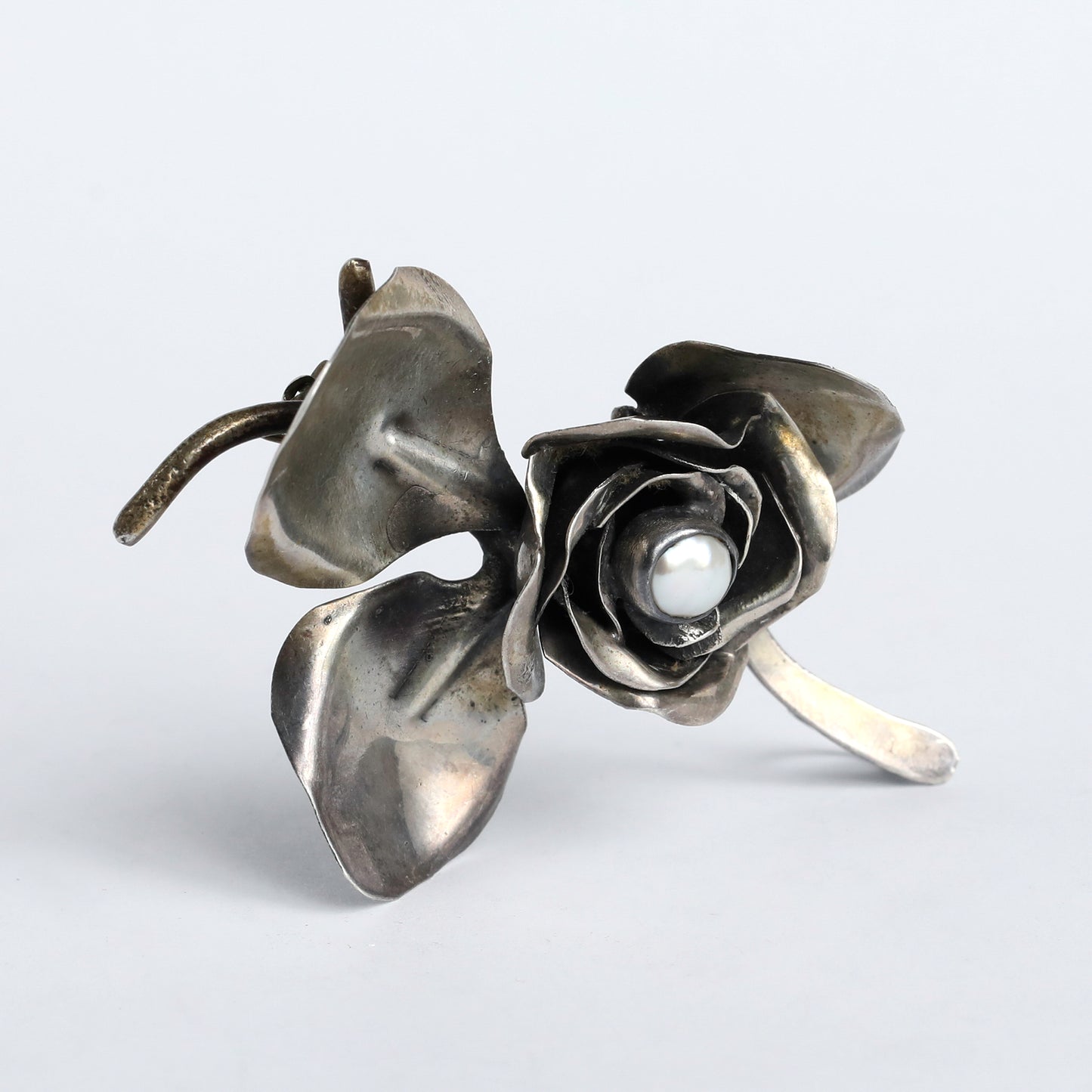 Silver Rose Earrings with Pearl by Israeli Designer S. Zilka