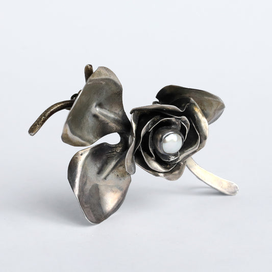 One-of-a-Kind 925 Silver Rose Pendant and Brooch with Pearl by S. Zilka
