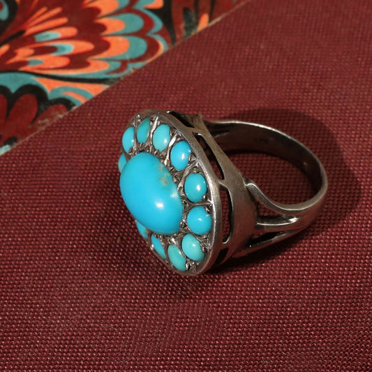 one of a kind vintage silver ring with turquoise stones