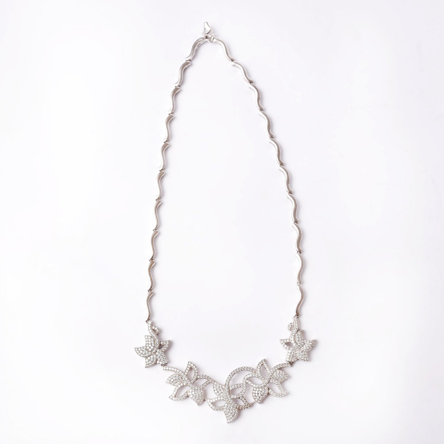 Modern Silver Floral Necklace With Micro-Sting Zircons