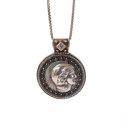 silver and touch of gold Roman coins pendant with amethyst stone