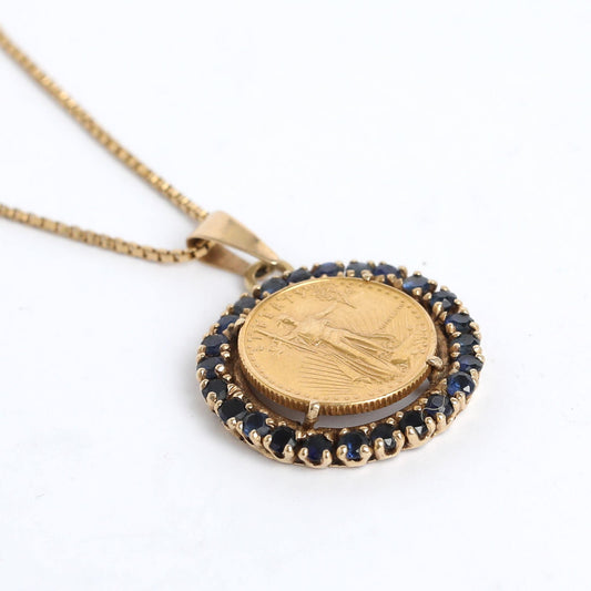 Antique Gold Coin and Sapphire Pendant Necklace in 22 Karat Gold