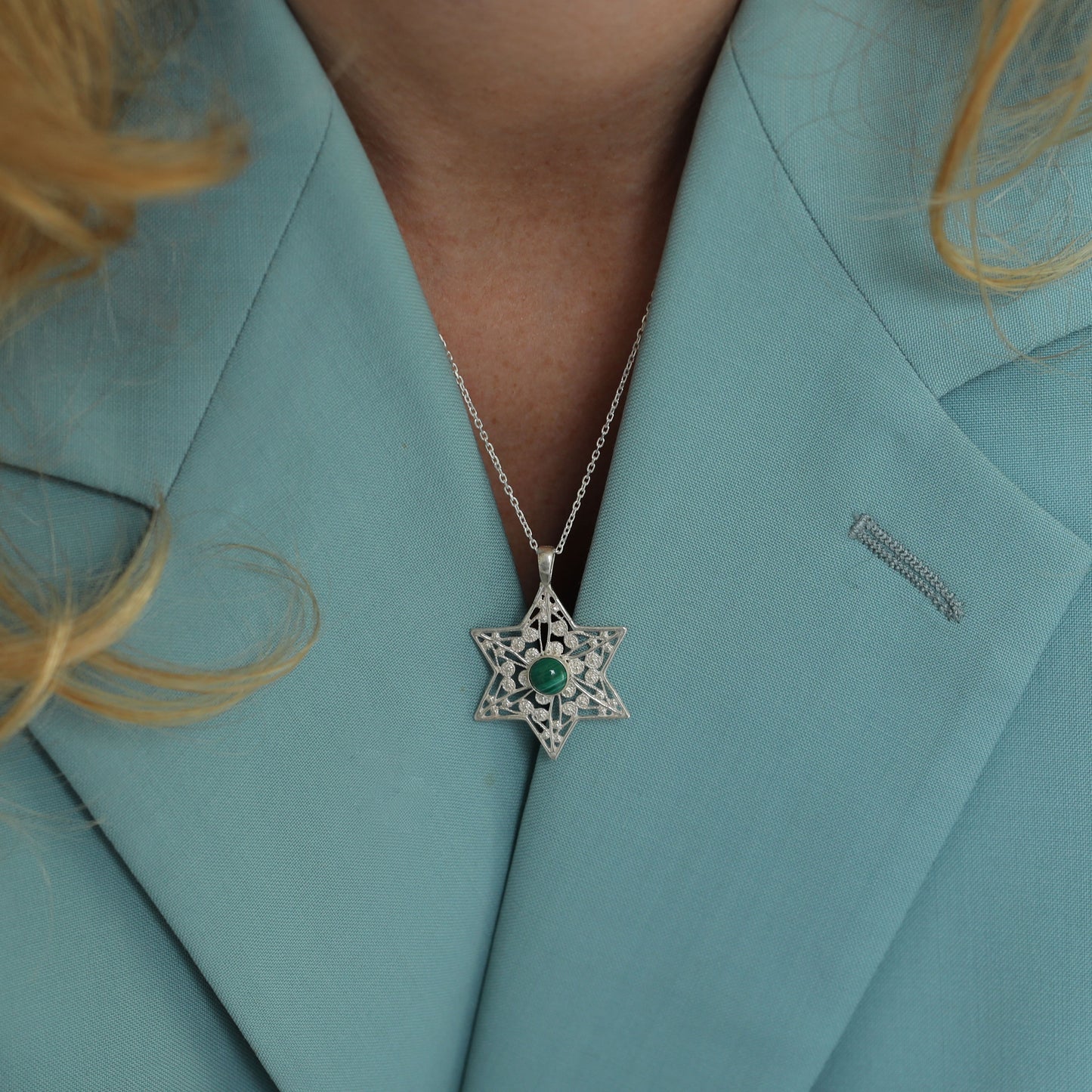 Malcit Stone Elegance: Sterling Silver Star of David Pendant