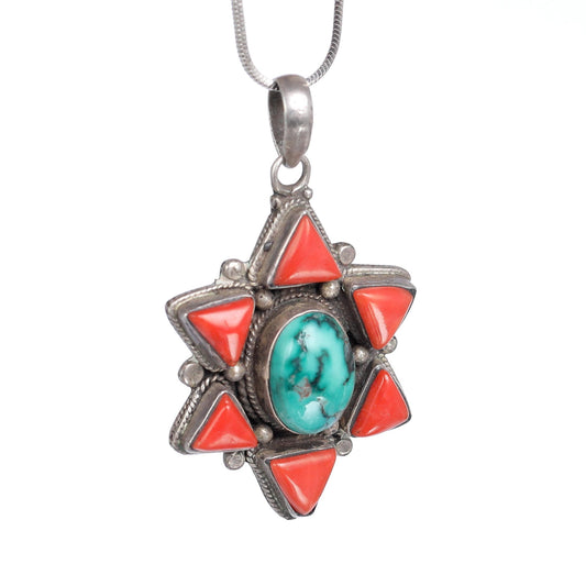 Star of David Pendant with corals and turquoise stones- Navajo style