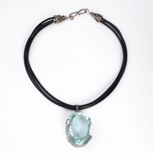 Large Blue Topaz Quartz Pendant on Leather Necklace – Sterling Silver Clasp