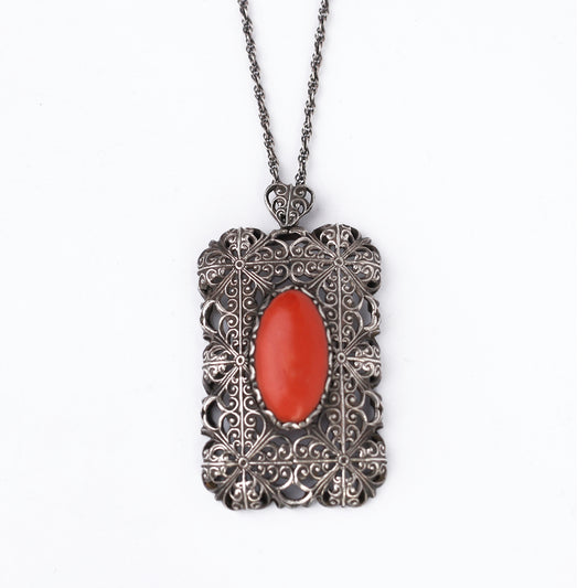 Vintage Art Deco Style Silver Filigree Pendant with Red Coral