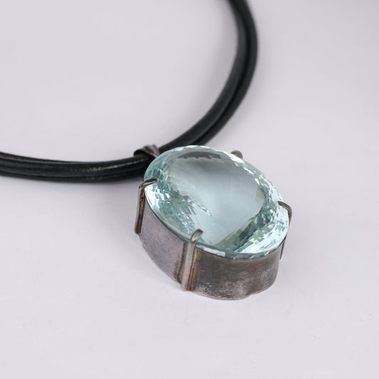 Large Blue Topaz Quartz Pendant on Leather Necklace – Sterling Silver Clasp