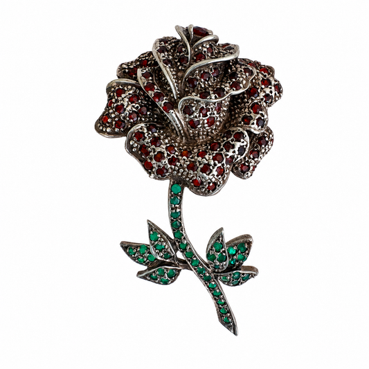 Sterling Silver 925 Rose Brooch with Garnet & Emerald | Vintage