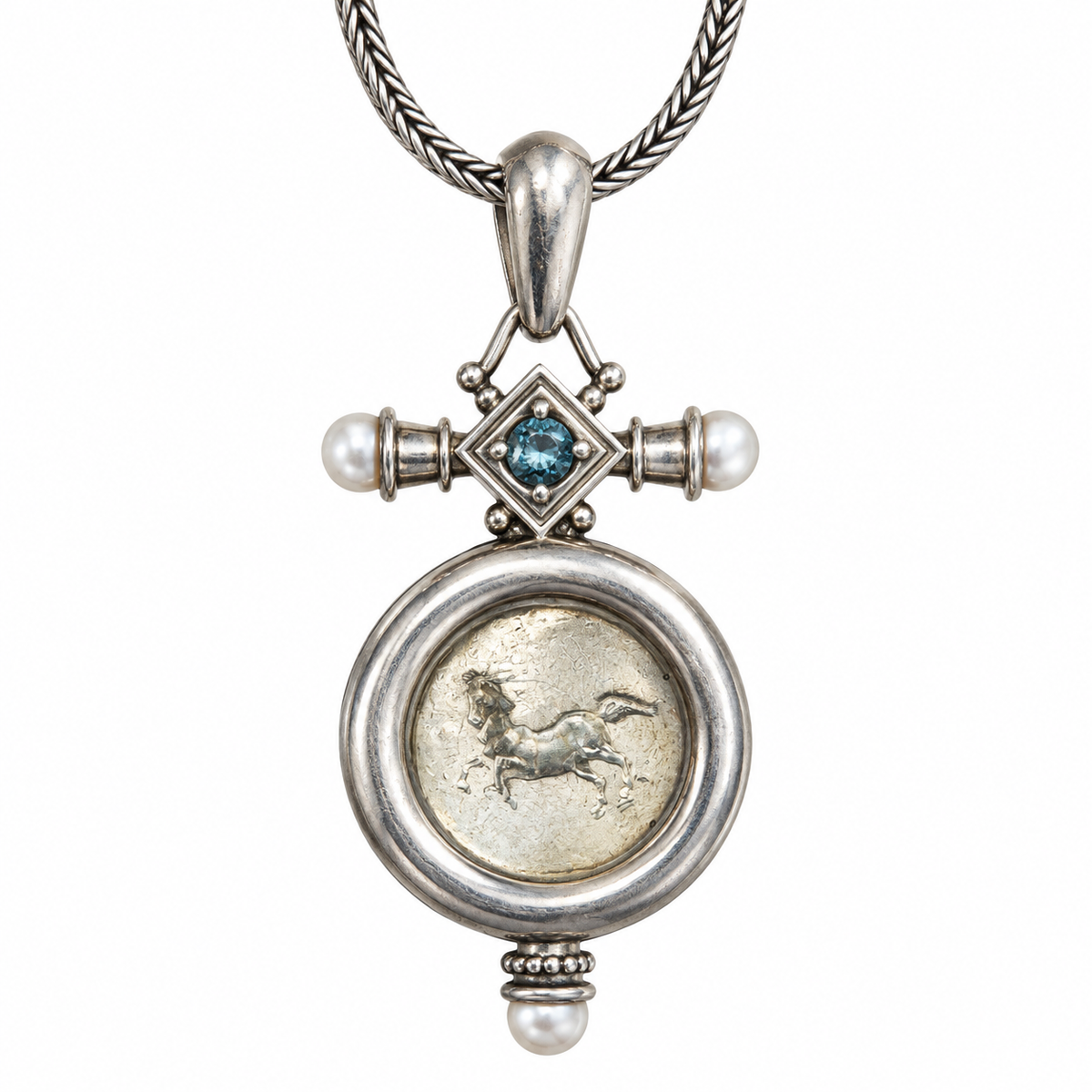 Sterling Silver Equestrian Medallion Necklace with Blue Gemstone & Pearls