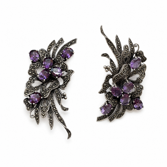 Vintage Sterling Silver Clip-On Earrings with Marcasites & Amethyst Gemstones