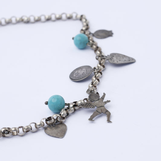 Vintage Silver Charm Necklace with Turquoise Accents