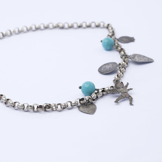 Vintage Silver Charm Necklace with Turquoise Accents