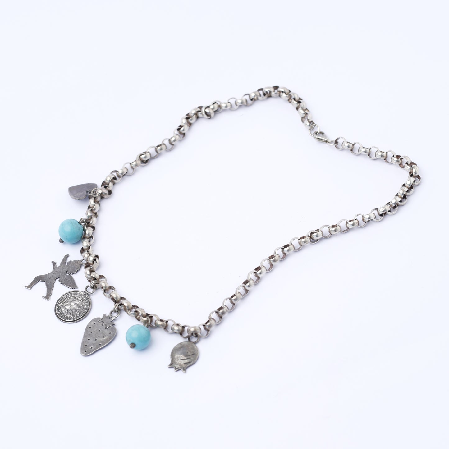 Vintage Silver Charm Necklace with Turquoise Accents