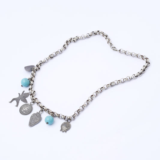 Vintage Silver Charm Necklace with Turquoise Accents