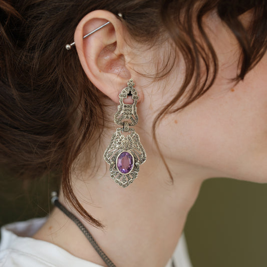 Vintage Silver Marcasite & Amethyst Art Deco Statement Earrings