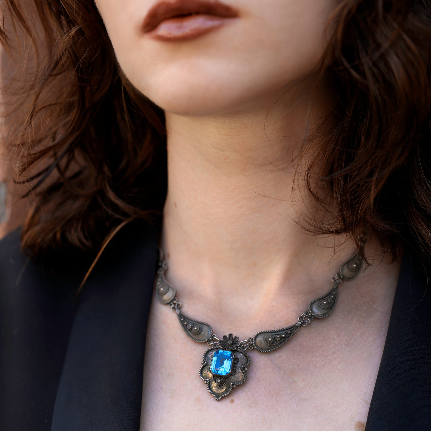 Vintage Israeli 935 Silver Blue Topaz Statement Necklace