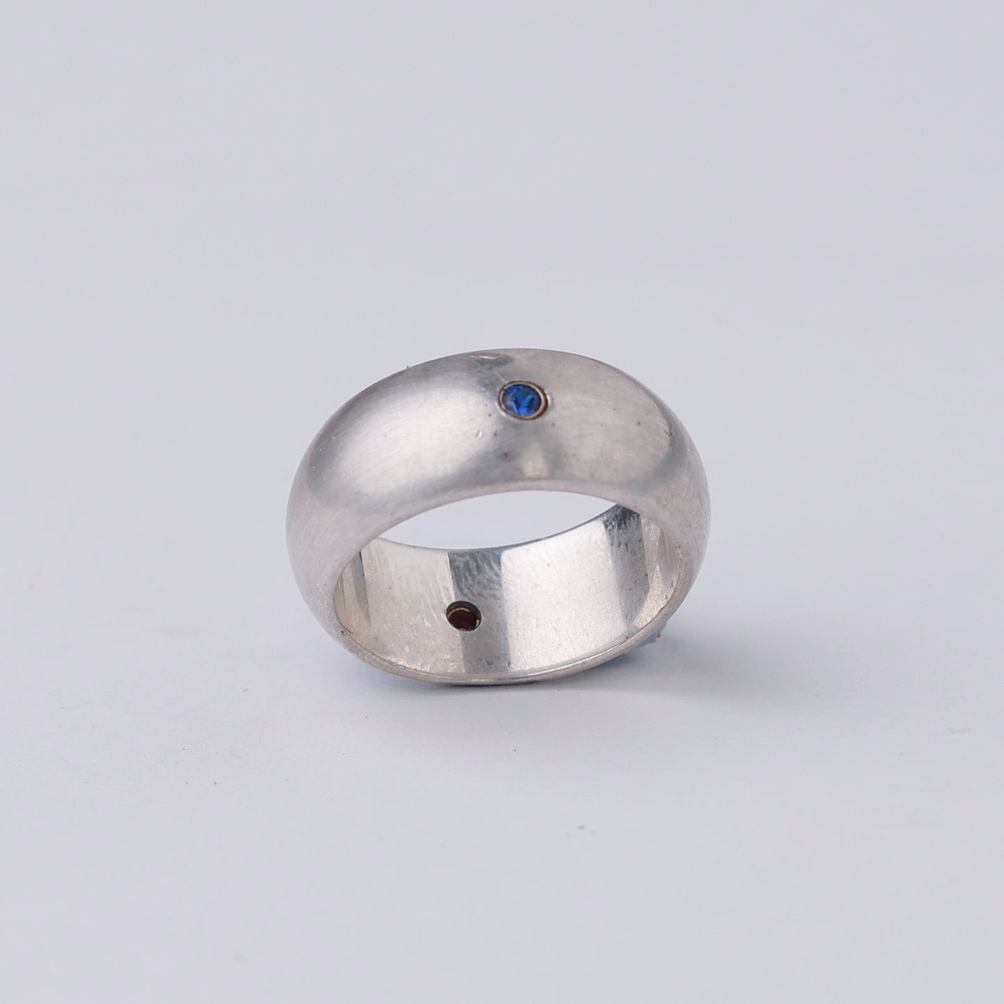 Vintage Modernist Sterling Silver Ring with Blue & Red Stone Accents