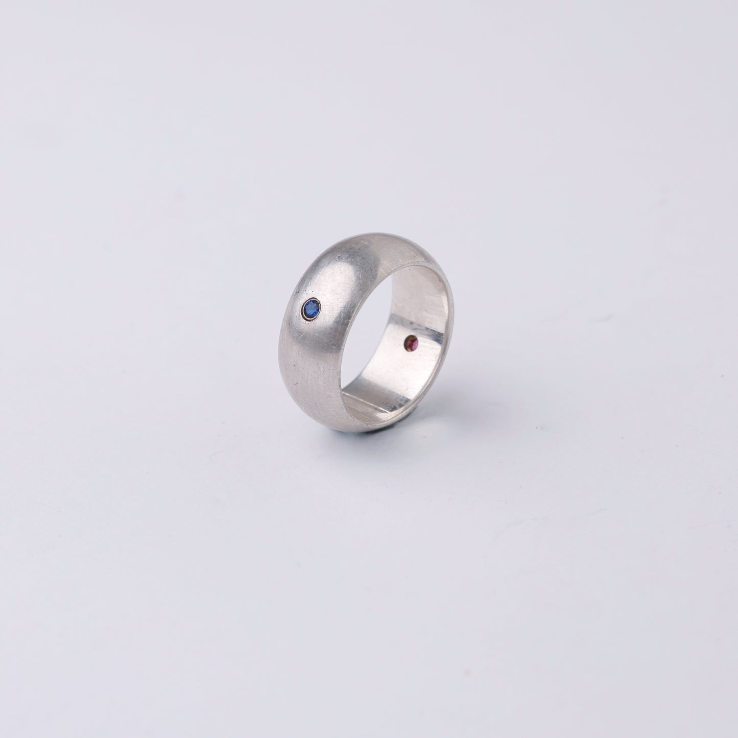 Vintage Modernist Sterling Silver Ring with Blue & Red Stone Accents