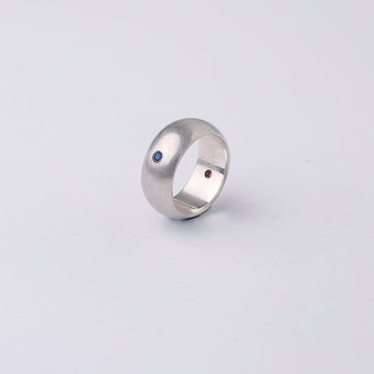 Vintage Modernist Sterling Silver Ring with Blue & Red Stone Accents