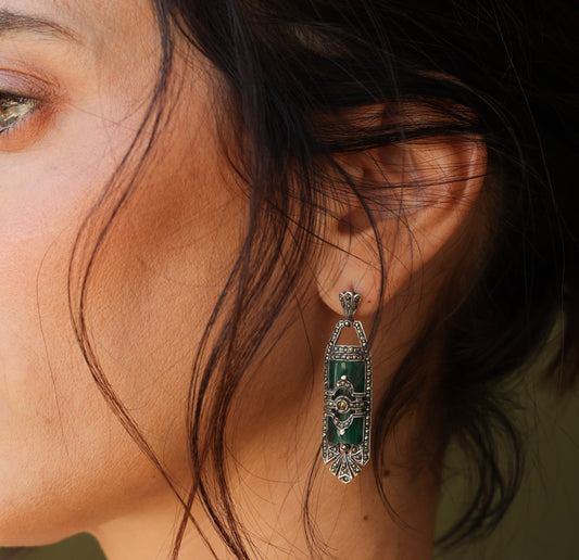 One-of-a-Kind Vintage Art Deco Green Agate & Marcasite Earrings