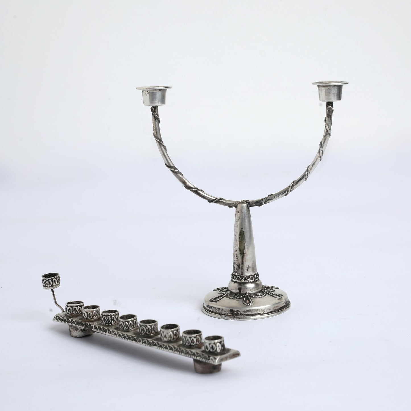 Bezalel Silver Modular Hanukkah Menorah Convertible to Shabbat Candlesticks, 1940s