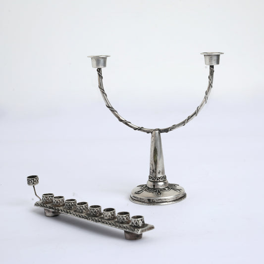 Bezalel Silver Modular Hanukkah Menorah Convertible to Shabbat Candlesticks, 1940s