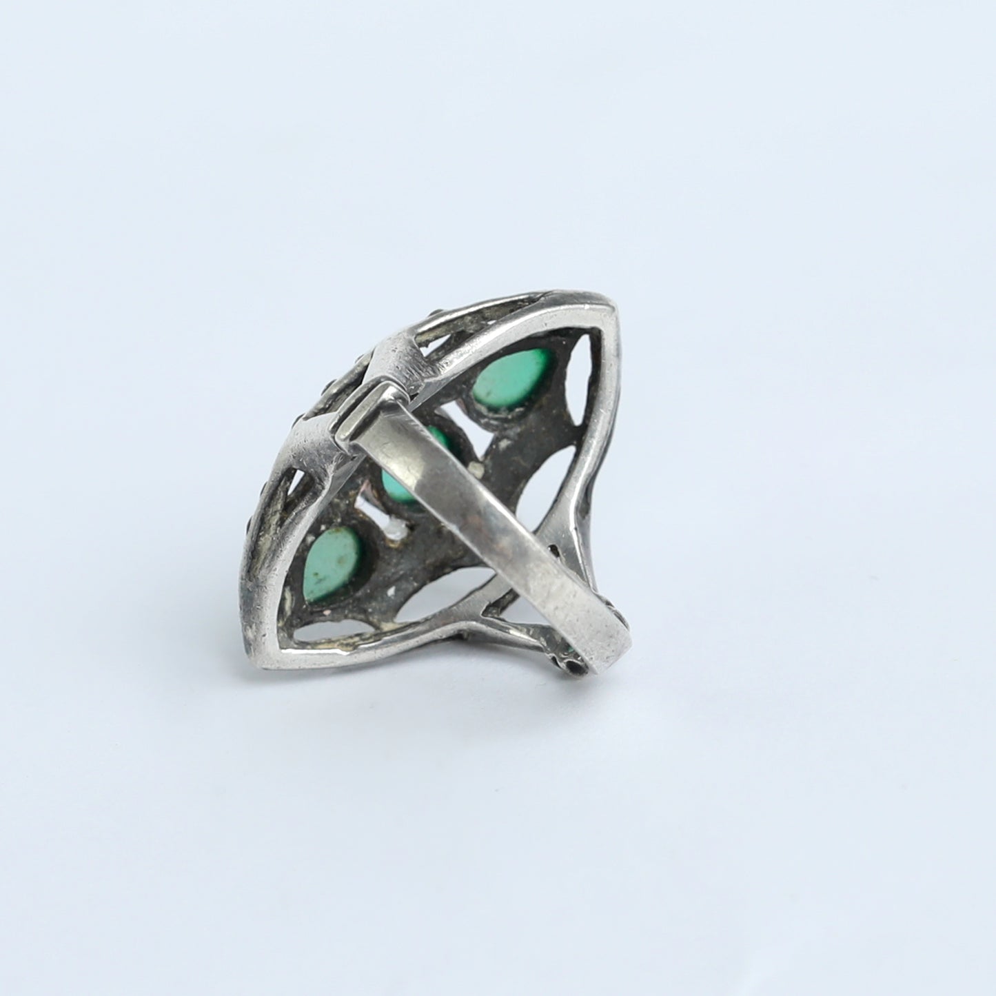 Vintage 1970s Pure Silver Ring with  green Agate & Marquise Stones