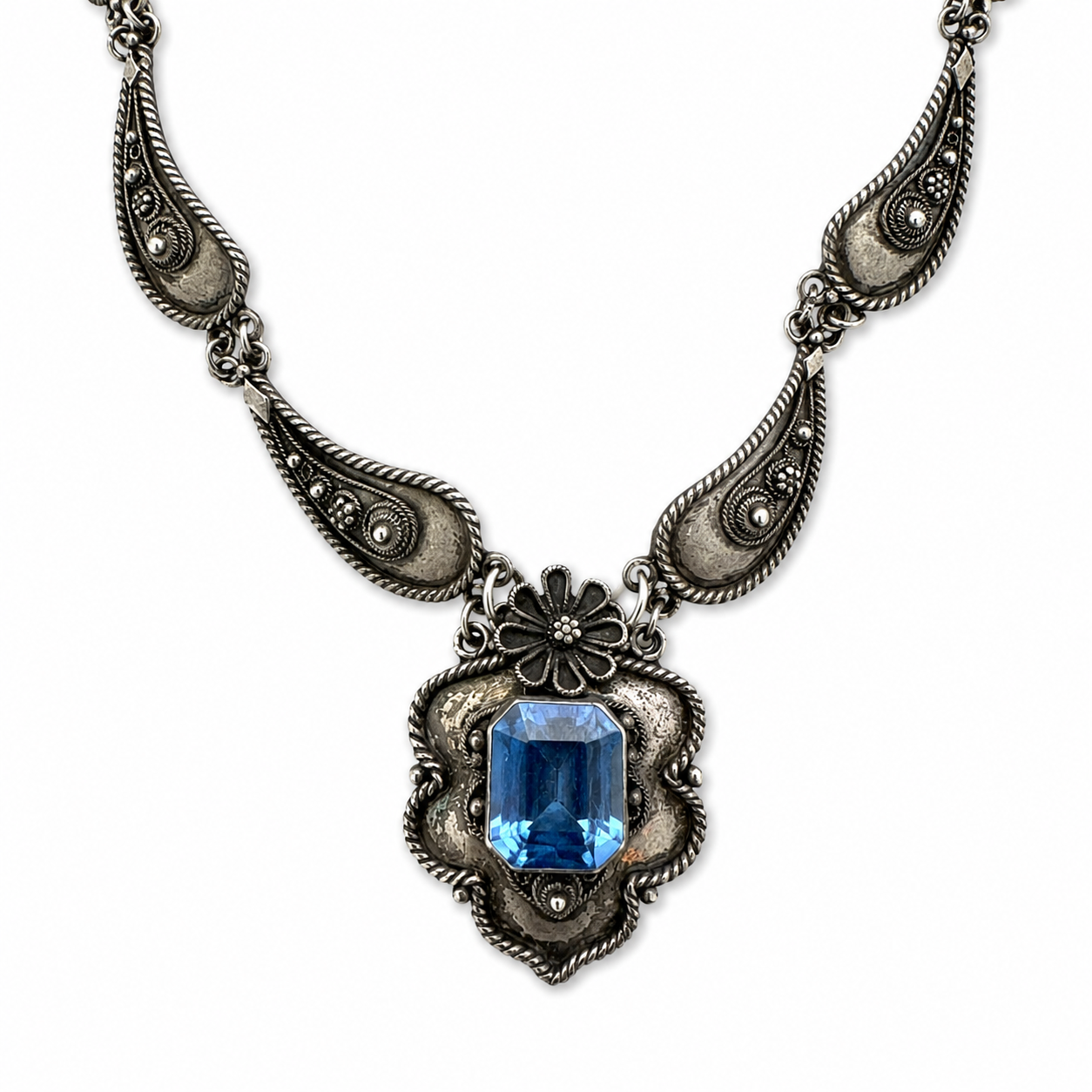 Vintage Israeli 935 Silver Blue Topaz Statement Necklace