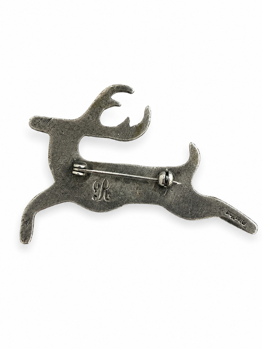 Silver Deer Brooch with Turquoise Eye – Signed by the Artist