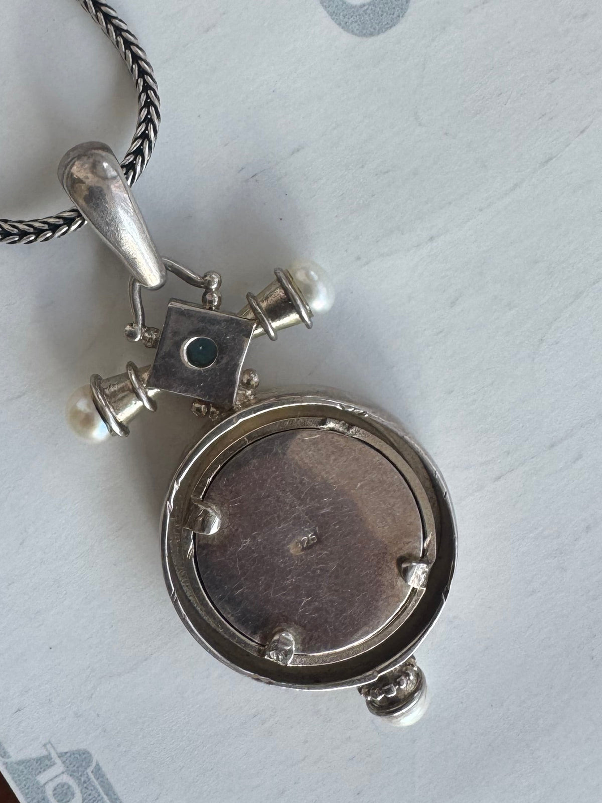 Sterling Silver Equestrian Medallion Necklace with Blue Gemstone & Pearls