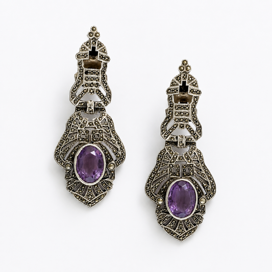 Vintage Silver Marcasite & Amethyst Art Deco Statement Earrings